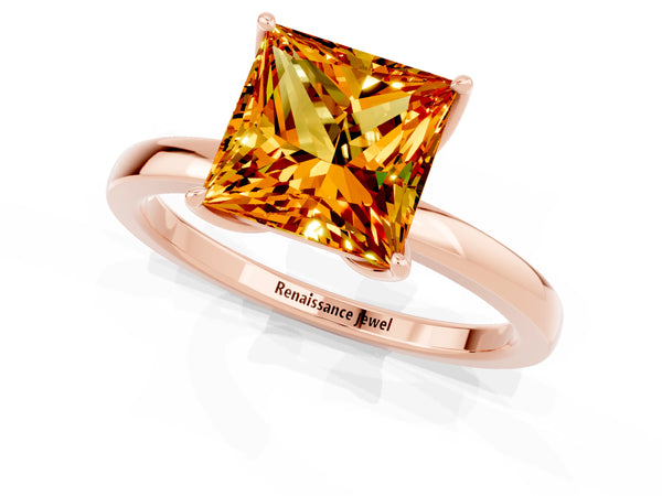 Rose gold Princess Cut Citrine Solitaire Ring with Thin Band and Prong Setting