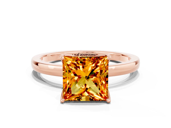 Rose gold Princess Cut Citrine Solitaire Ring with Thin Band and Prong Setting
