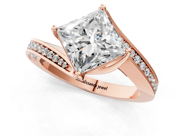 Rose Gold Princess Cut Bypass Solitaire Engagement Ring Setting with Swirl Pave Band