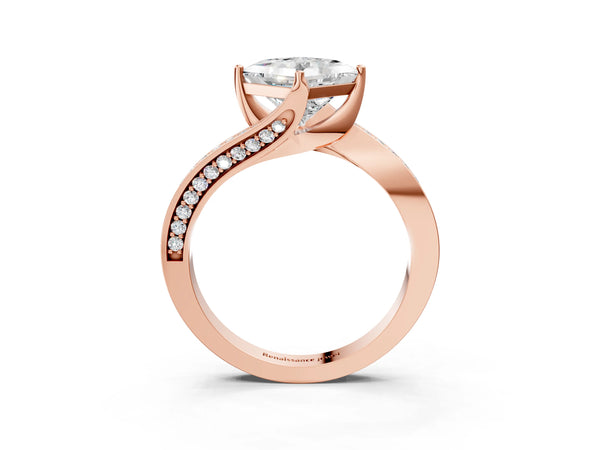 Rose Gold Princess Cut Bypass Solitaire Engagement Ring Setting with Swirl Pave Band