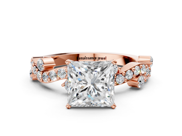 Rose gold Princess Cut Solitaire Diamond Twisted Band with Pave Setting