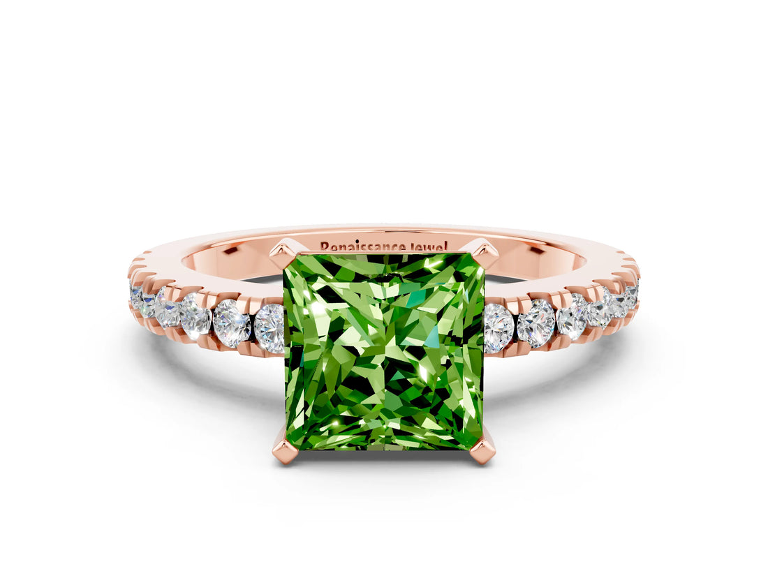 Rose gold Princess Cut Solitaire Diamond with Pavé Band and Four-Prong Setting