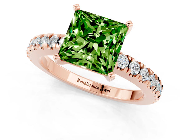 Rose gold Princess Cut Solitaire Peridot with Pavé Band and Four-Prong Setting