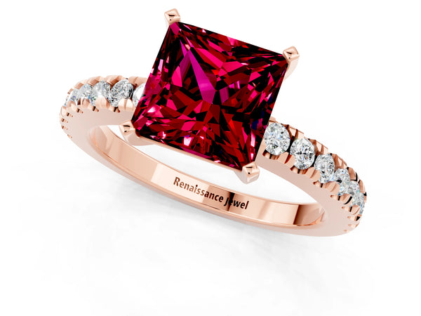 Rose gold Princess Cut Solitaire Garnet with Pavé Band and Four-Prong Setting