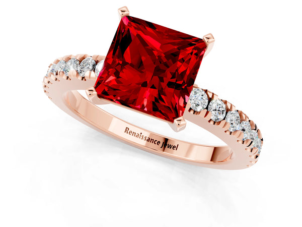 Rose gold Princess Cut Solitaire Ruby with Pavé Band and Four-Prong Setting