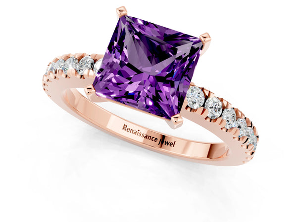 Rose gold Princess Cut Solitaire Amethyst with Pavé Band and Four-Prong Setting