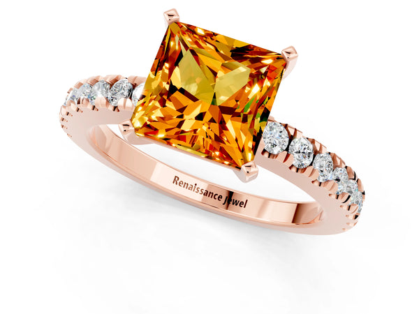 Rose gold Princess Cut Solitaire Citrine with Pavé Band and Four-Prong Setting