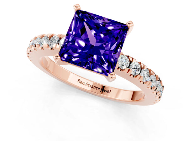 Rose gold Princess Cut Solitaire Tanzanite with Pavé Band and Four-Prong Setting