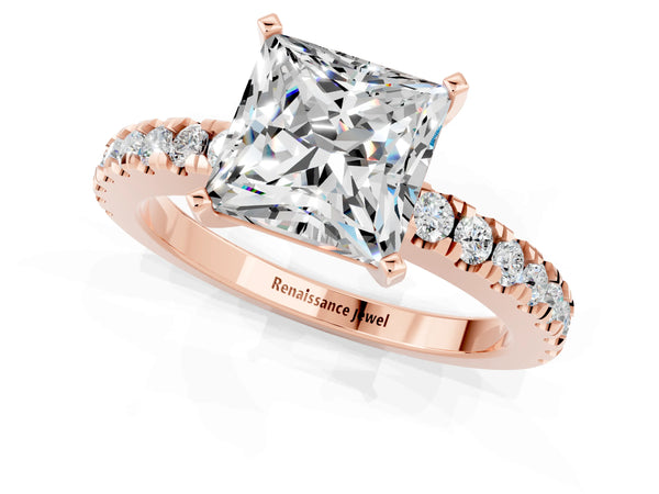 Rose gold Princess Cut Solitaire Moissanite with Pavé Band and Four-Prong Setting