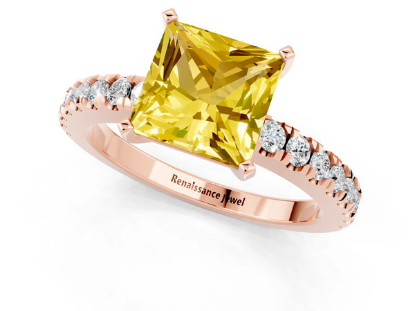 Rose gold Princess Cut Solitaire Yellow Sapphire with Pavé Band and Four-Prong Setting