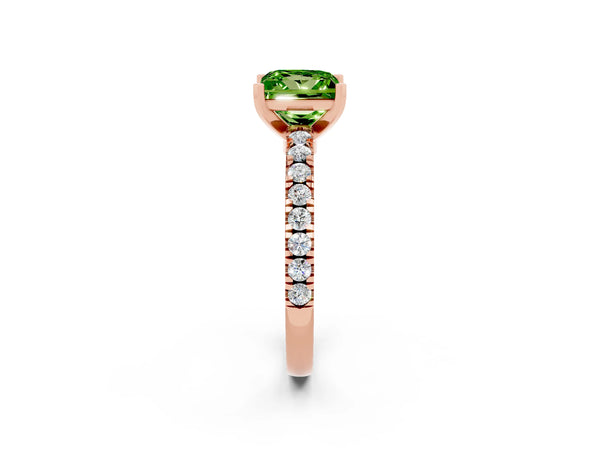 Rose gold Princess Cut Solitaire Peridot with Pavé Band and Four-Prong Setting