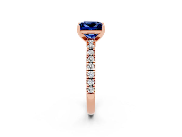 Rose gold Princess Cut Solitaire Blue Sapphire with Pavé Band and Four-Prong Setting