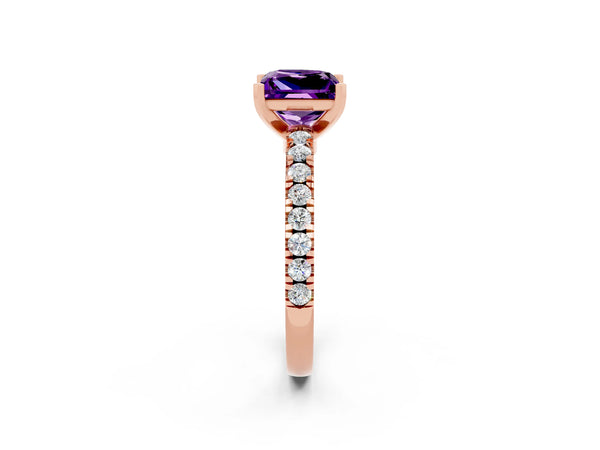 Rose gold Princess Cut Solitaire Amethyst with Pavé Band and Four-Prong Setting