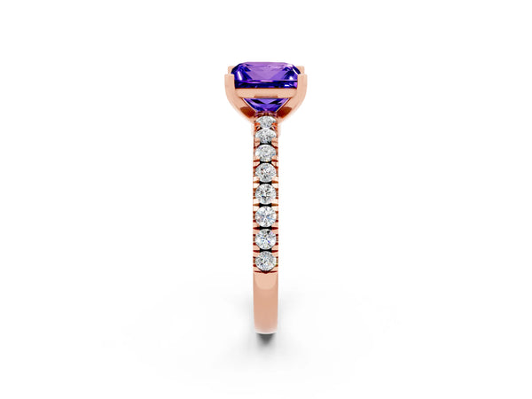 Rose gold Princess Cut Solitaire Tanzanite with Pavé Band and Four-Prong Setting