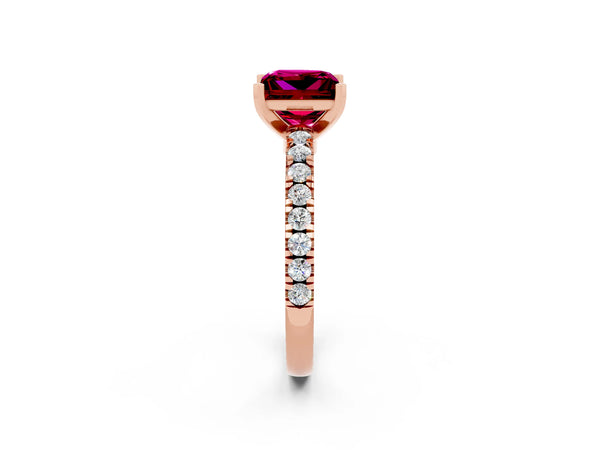 Rose gold Princess Cut Solitaire Garnet with Pavé Band and Four-Prong Setting