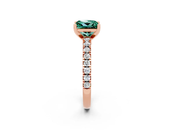 Rose gold Princess Cut Solitaire Green Sapphire with Pavé Band and Four-Prong Setting
