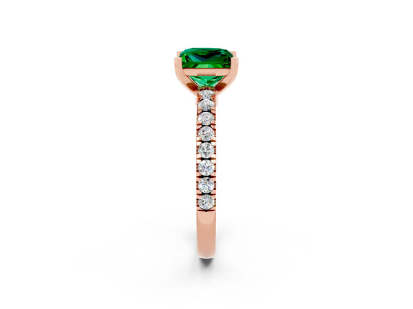 Rose gold Princess Cut Solitaire Emerald with Pavé Band and Four-Prong Setting