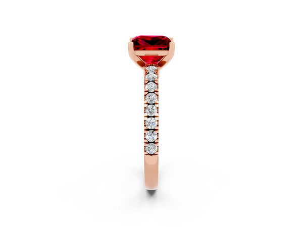 Rose gold Princess Cut Solitaire Ruby with Pavé Band and Four-Prong Setting