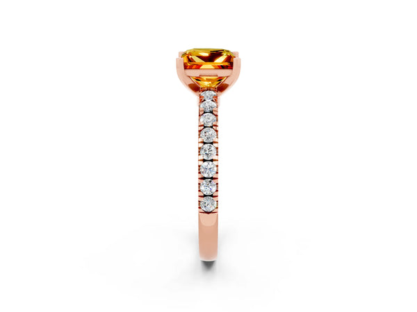 Rose gold Princess Cut Solitaire Citrine with Pavé Band and Four-Prong Setting