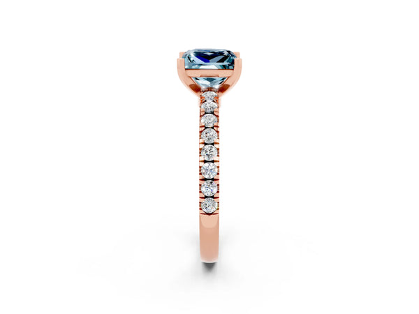 Rose gold Princess Cut Solitaire Aquamarine with Pavé Band and Four-Prong Setting