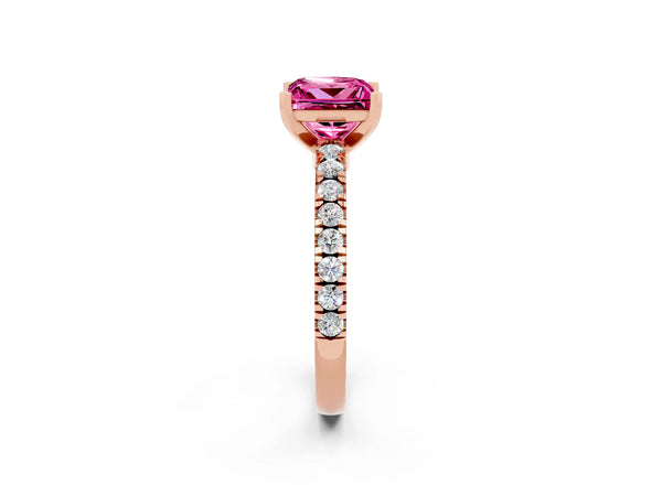 Rose gold Princess Cut Solitaire Pink Sapphire with Pavé Band and Four-Prong Setting