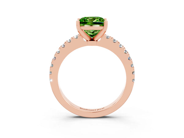 Rose gold Princess Cut Solitaire Peridot with Pavé Band and Four-Prong Setting