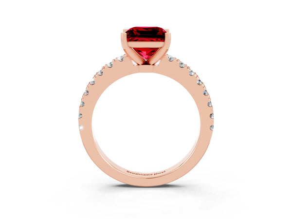 Rose gold Princess Cut Solitaire Ruby with Pavé Band and Four-Prong Setting