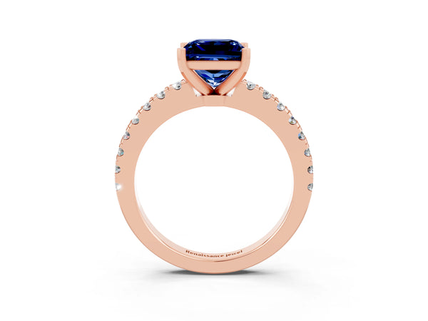 Rose gold Princess Cut Solitaire Blue Sapphire with Pavé Band and Four-Prong Setting