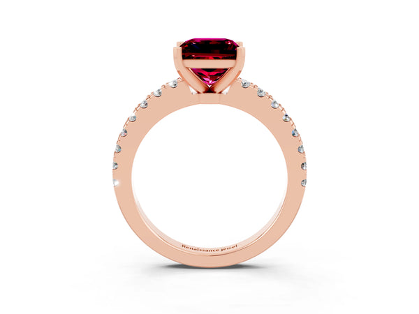 Rose gold Princess Cut Solitaire Garnet with Pavé Band and Four-Prong Setting