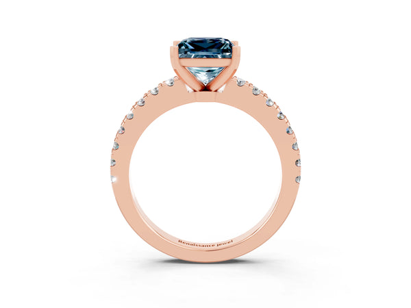 Rose gold Princess Cut Solitaire Aquamarine with Pavé Band and Four-Prong Setting