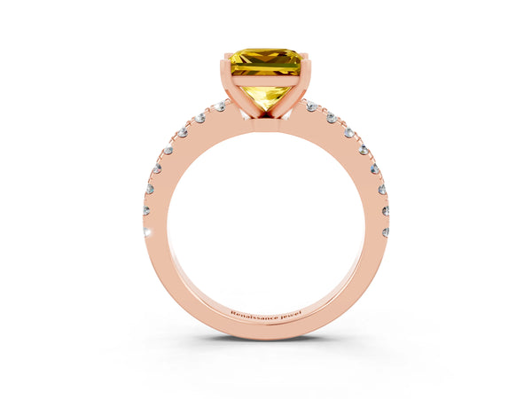 Rose gold Princess Cut Solitaire Yellow Sapphire with Pavé Band and Four-Prong Setting