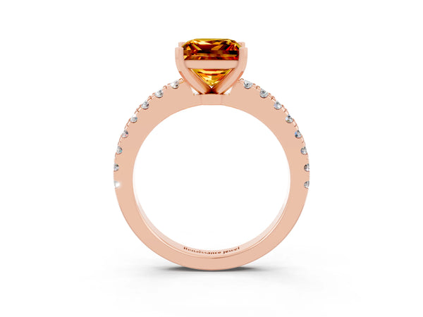 Rose gold Princess Cut Solitaire Citrine with Pavé Band and Four-Prong Setting