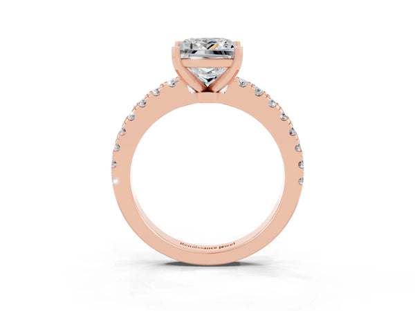 Rose gold Princess Cut Solitaire Moissanite with Pavé Band and Four-Prong Setting