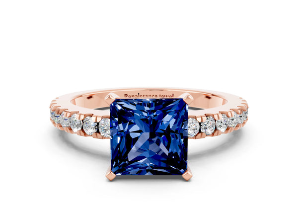 Rose gold Princess Cut Solitaire Blue Sapphire with Pavé Band and Four-Prong Setting