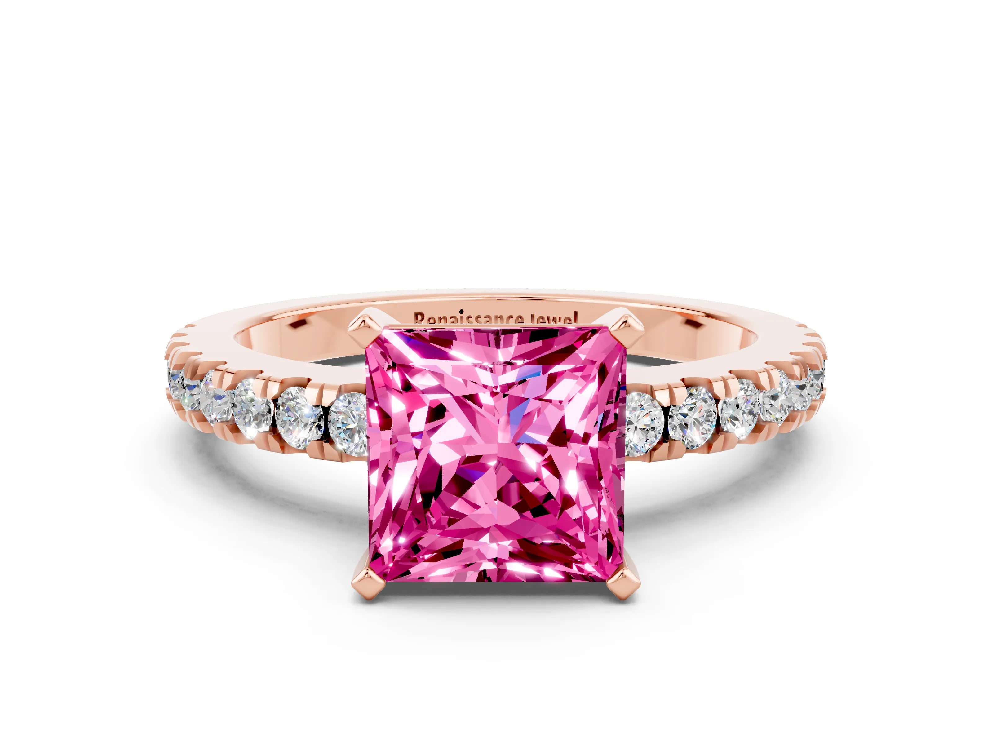 Rose gold Princess Cut Solitaire Diamond with Pavé Band and Four-Prong Setting