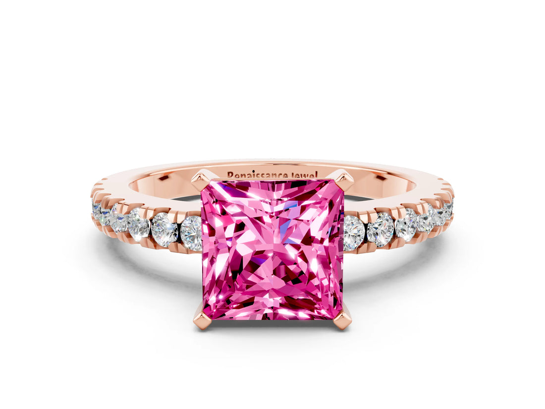 Rose gold Princess Cut Solitaire Diamond with Pavé Band and Four-Prong Setting