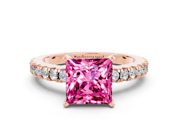 Rose gold Princess Cut Solitaire Pink Sapphire with Pavé Band and Four-Prong Setting