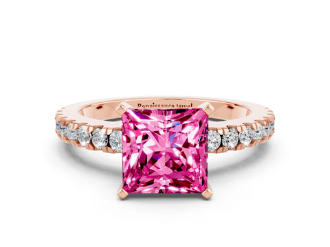 Rose gold Princess Cut Solitaire Diamond with Pavé Band and Four-Prong Setting