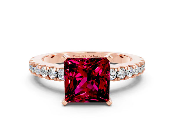 Rose gold Princess Cut Solitaire Garnet with Pavé Band and Four-Prong Setting