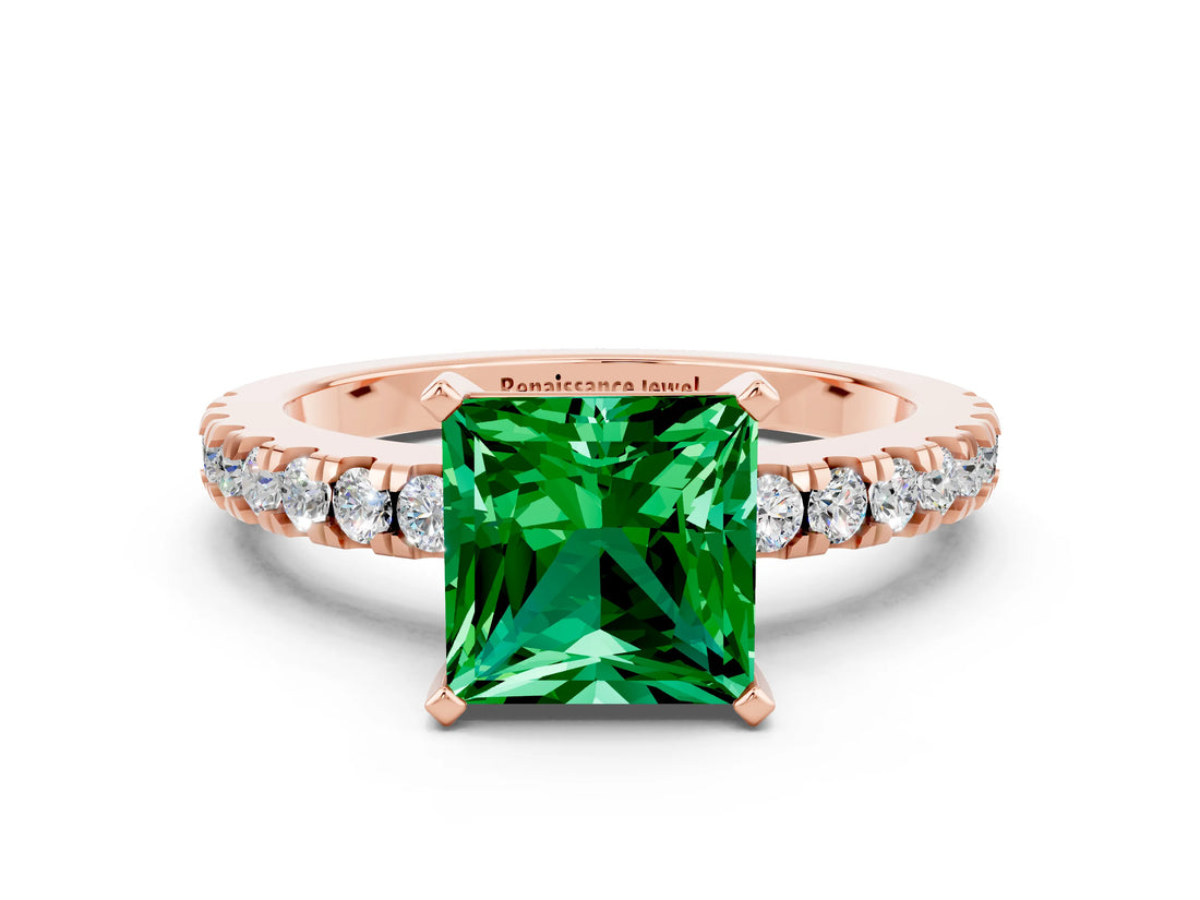 Rose gold Princess Cut Solitaire Diamond with Pavé Band and Four-Prong Setting