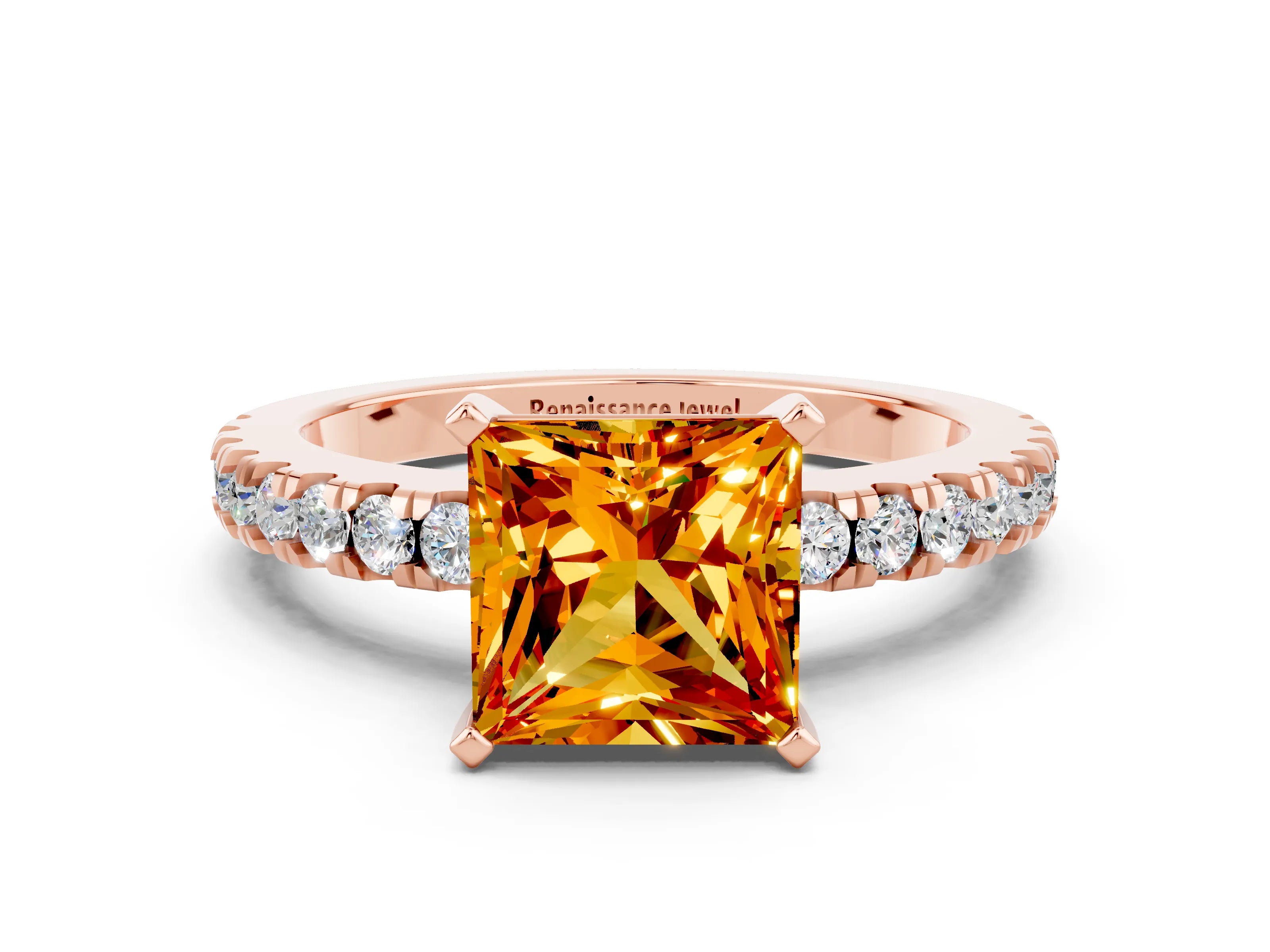 Rose gold Princess Cut Solitaire Diamond with Pavé Band and Four-Prong Setting