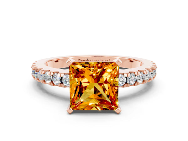 Rose gold Princess Cut Solitaire Citrine with Pavé Band and Four-Prong Setting