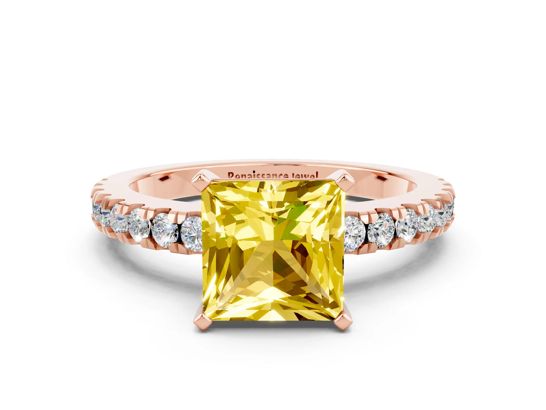 Rose gold Princess Cut Solitaire Diamond with Pavé Band and Four-Prong Setting