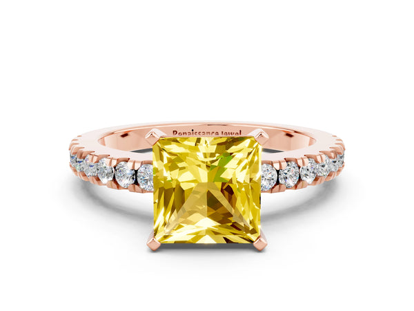 Rose gold Princess Cut Solitaire Yellow Sapphire with Pavé Band and Four-Prong Setting