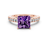 Rose gold Princess Cut Solitaire Diamond with Pavé Band and Four-Prong Setting