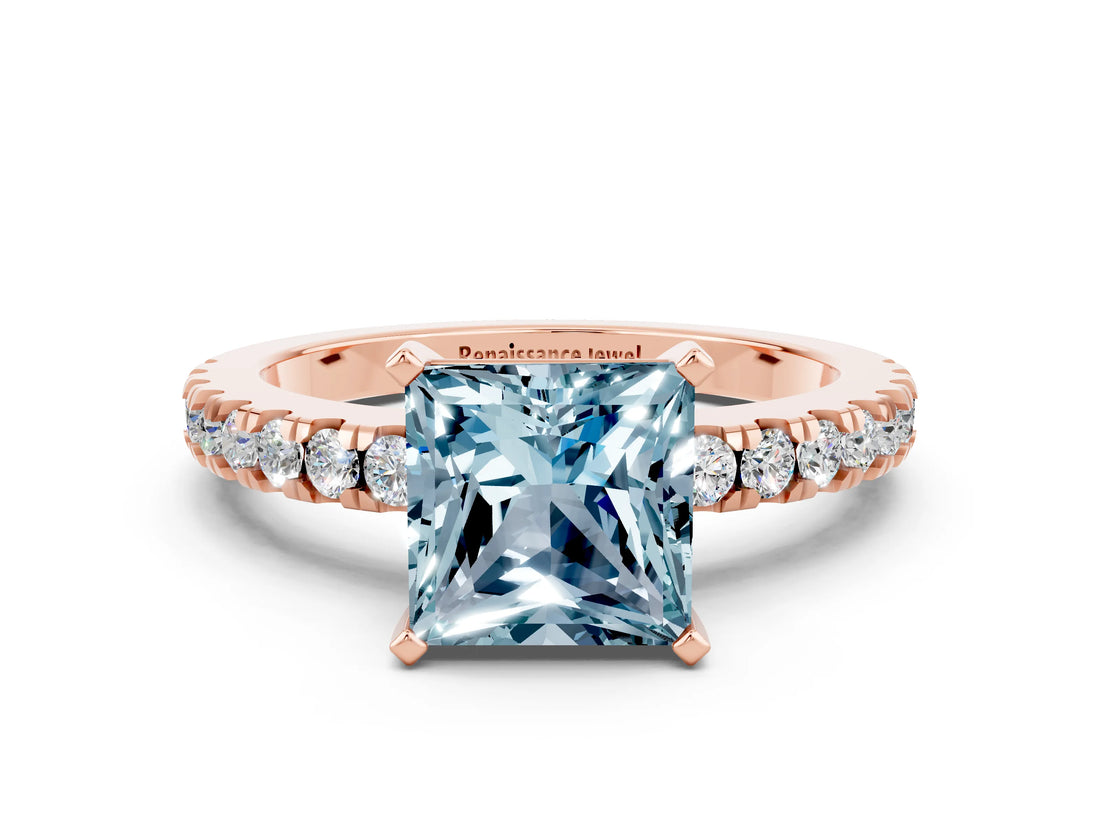 Rose gold Princess Cut Solitaire Diamond with Pavé Band and Four-Prong Setting