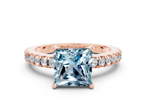 Rose gold Princess Cut Solitaire Aquamarine with Pavé Band and Four-Prong Setting