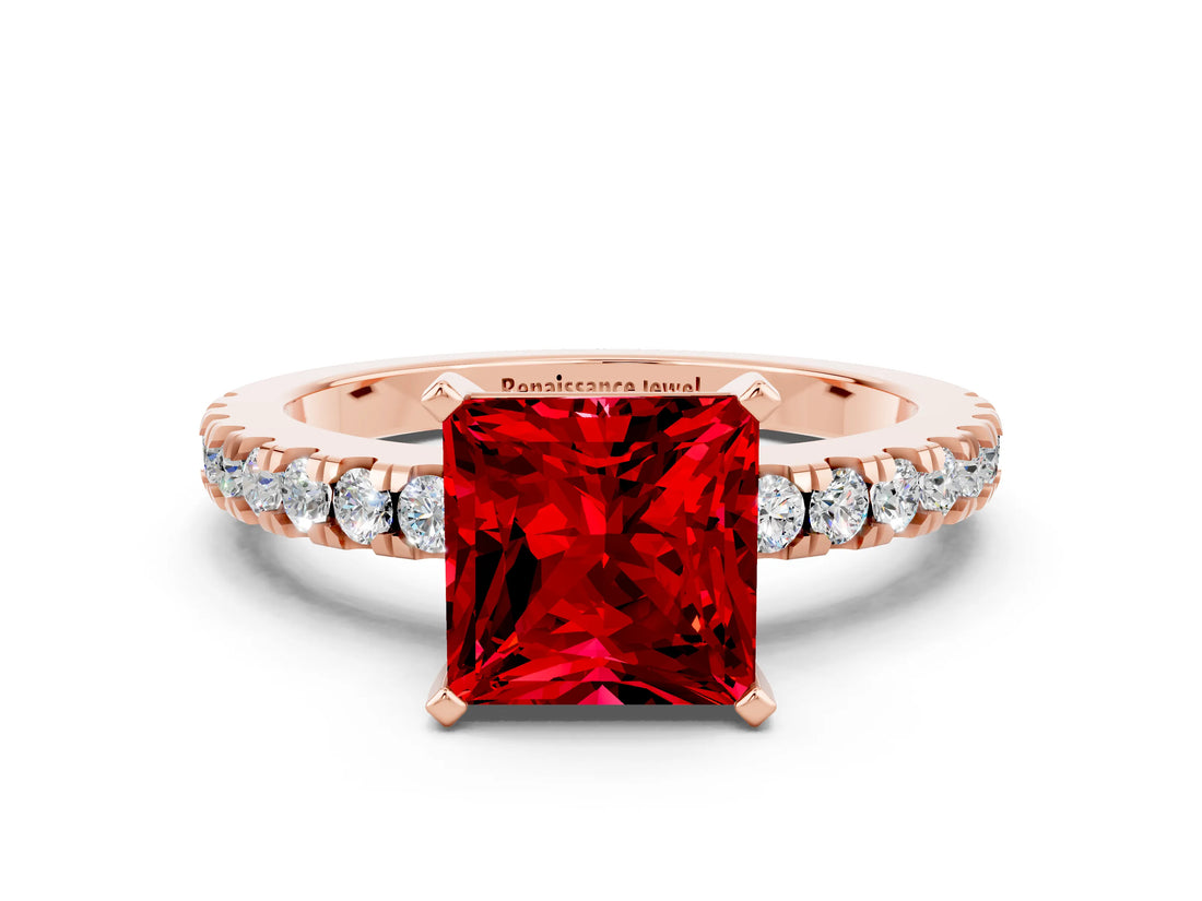 Rose gold Princess Cut Solitaire Diamond with Pavé Band and Four-Prong Setting