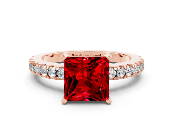 Rose gold Princess Cut Solitaire Ruby with Pavé Band and Four-Prong Setting