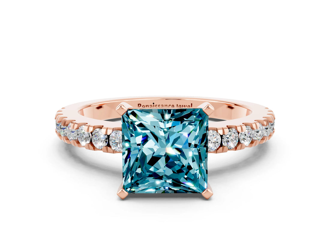Rose gold Princess Cut Solitaire Diamond with Pavé Band and Four-Prong Setting